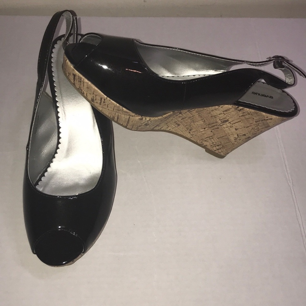 Avenue Black Slingback Open Toe Cork Wedge